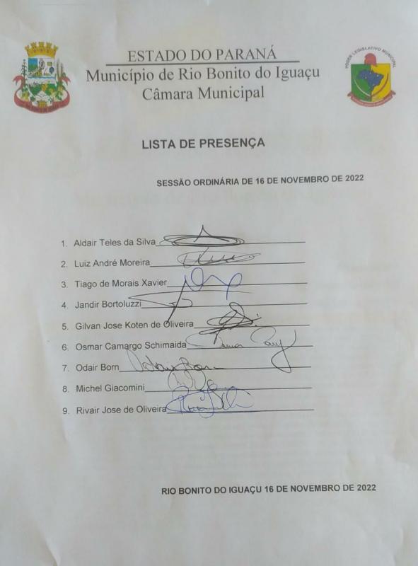 Lista de Presença dos vereadores dia 16 de novembro de 2022